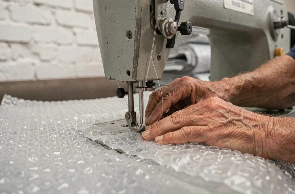 Gros plan sur des mains masculines guidant une bâche à bulle sous le pied presseur d'une machine à coudre industrielle avec fil épais