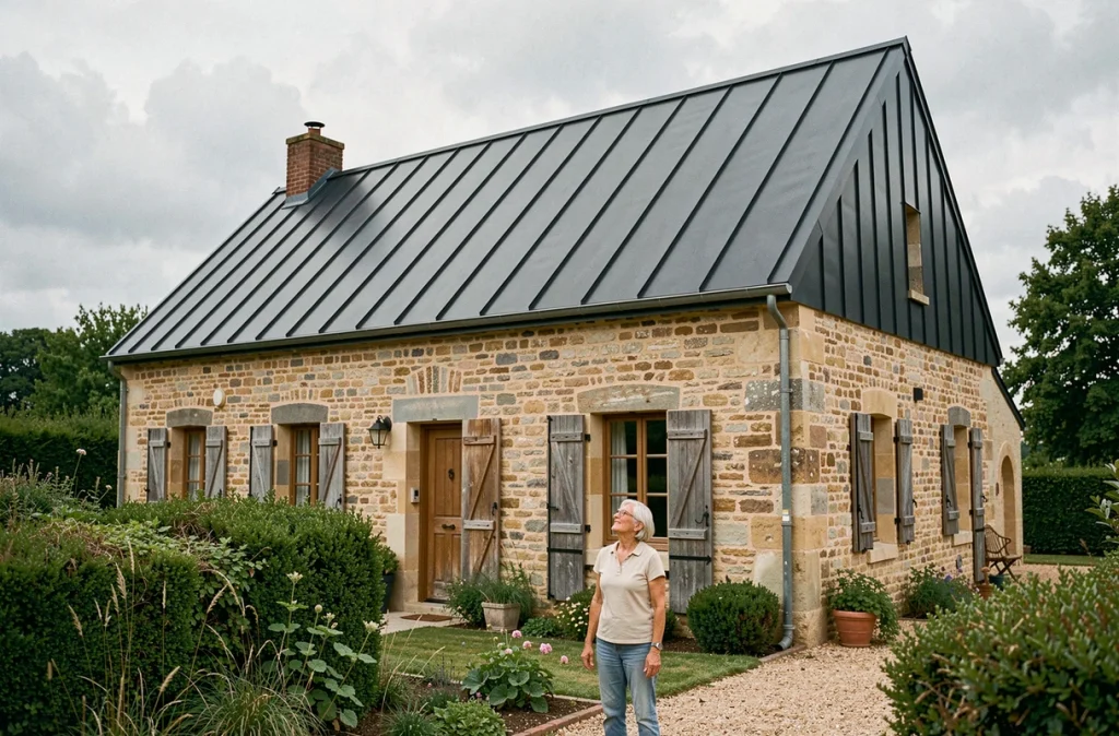 Maison ancienne en pierre entièrement rénovée avec une toiture en bac acier imitation zinc anthracite
