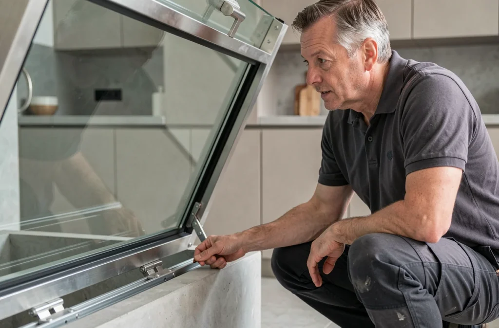 Mécanisme de charnière motorisée et cadre en acier inoxydable d'une trappe cave en verre, homme inspectant le système d'ouverture automatique