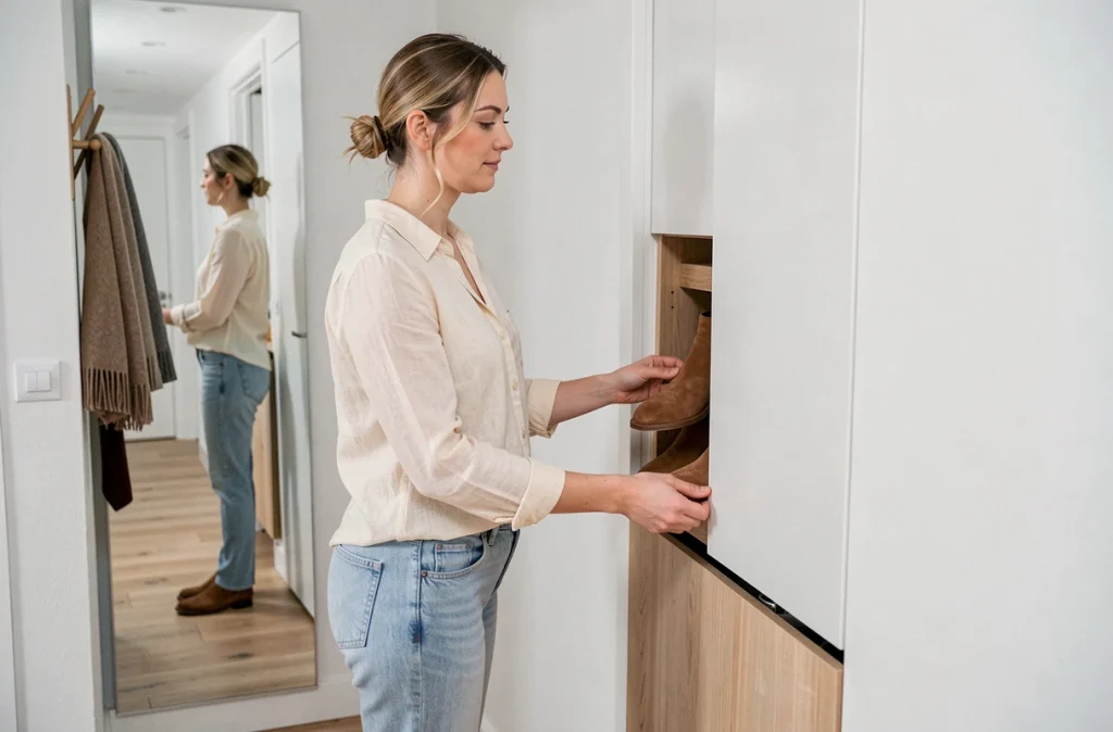 Femme rangeant ses chaussures dans un meuble à chaussures vertical encastré dans une entrée moderne et fonctionnelle