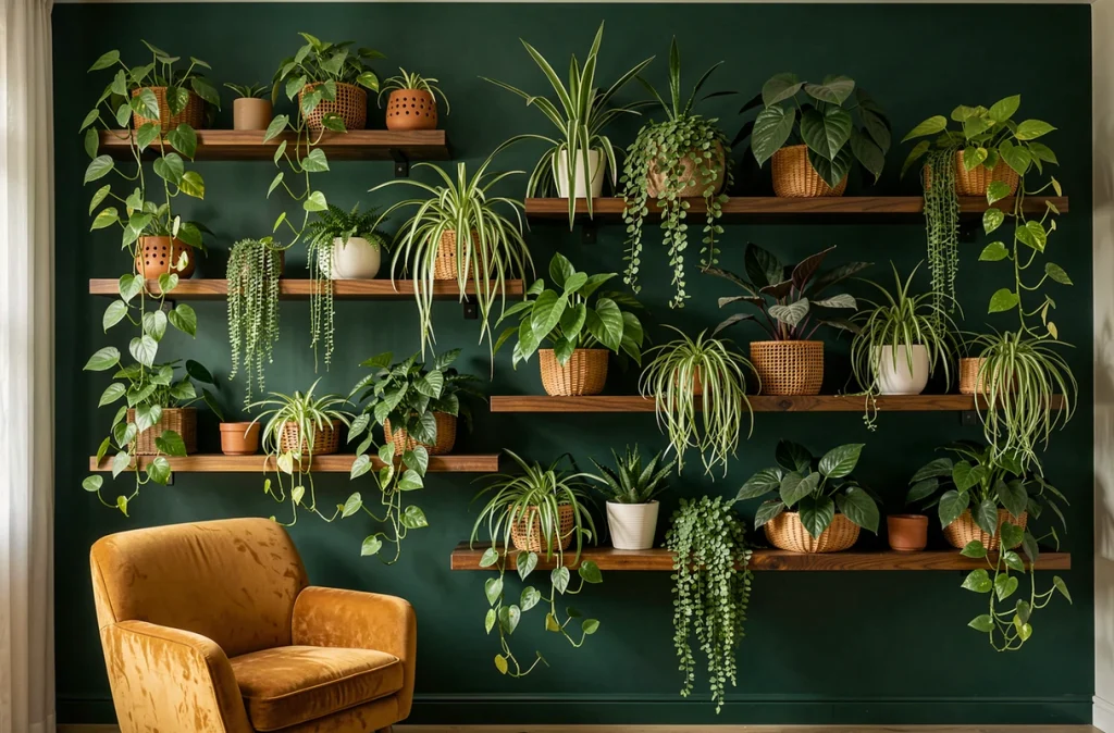 Mur végétal intérieur avec étagères en bois et plantes variées dans un salon au mur vert foncé et fauteuil en velours ocre