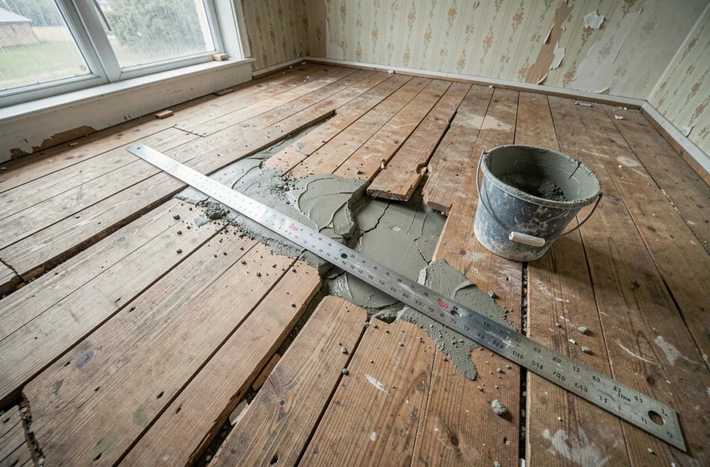 Gros plan sur un parquet en bois abîmé avec des fissures profondes et un outil de ragréage posé dessus