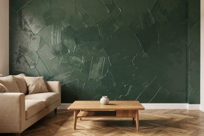 Mur d'accent en salon recouvert de peinture à effets vert forêt texturée avec reflets métalliques subtils