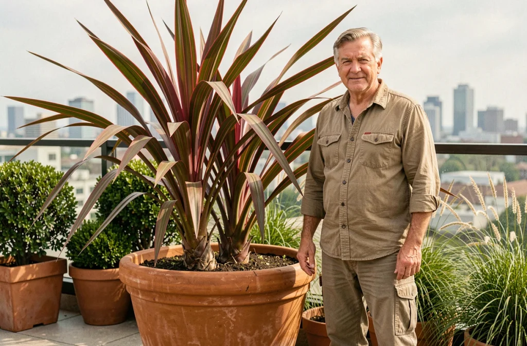 Homme installant un Phormium en pot sur une terrasse de piscine urbaine pour créer un écran végétal privatif