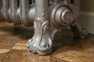 Pied en fonte ornementé pour radiateur ancien posé sur parquet chêne dans un appartement haussmannien