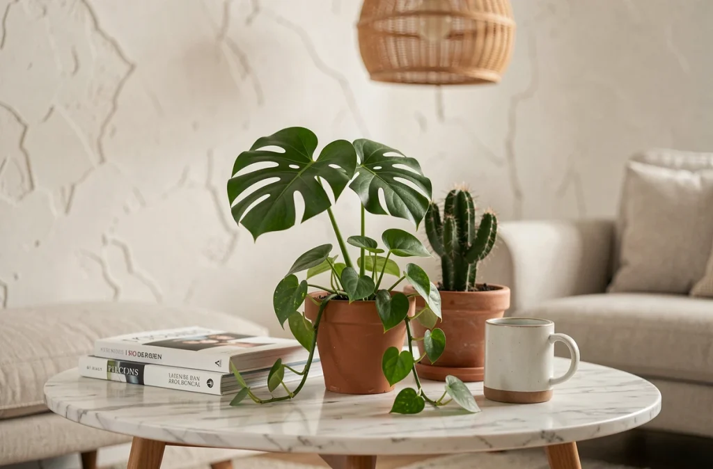 Table basse en marbre décorée de petites plantes d'intérieur variées dans un salon contemporain chaleureux