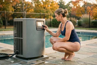 Femme en maillot de bain inspectant une pompe à chaleur de piscine sur une terrasse en pierre en automne