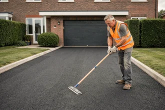 Ouvrier posant de l'enrobé bitumineux sur une allée de maison individuelle