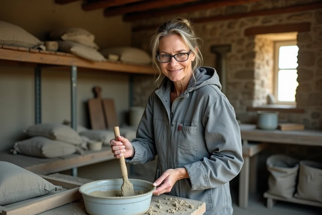 Spécialiste en rénovation préparant un mélange de mortier chaux sable dans un atelier de taille de pierre