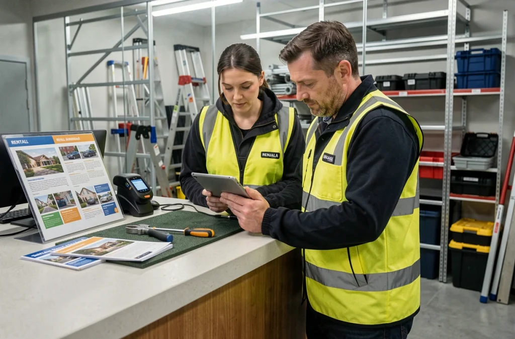 Deux professionnels consultant une offre de location de matériel de chantier sur tablette en agence
