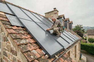 Rénovation de toiture d'une maison ancienne avec pose de bac acier imitation zinc en remplacement de tuiles