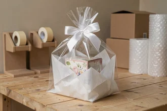 Sac cadeau transparent rempli de papier de soie et d'un coffret produit, posé sur une table d'emballage en bois dans un studio e-commerce