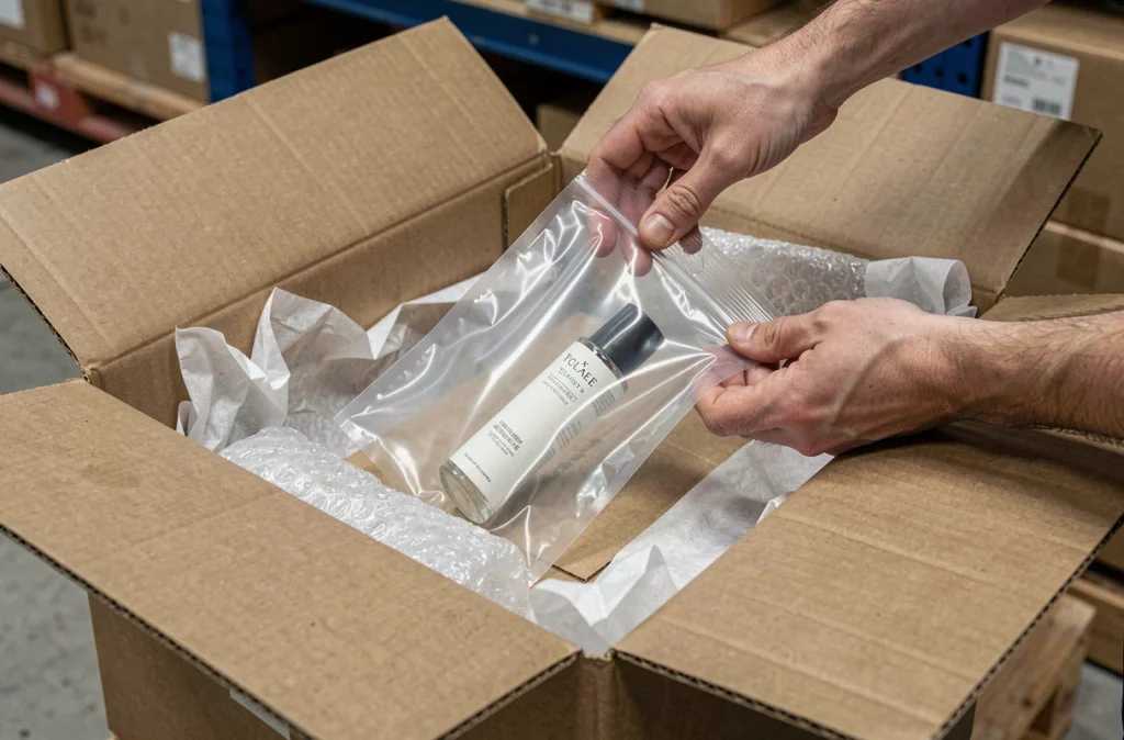 Mains emballant un sac cadeau transparent dans un carton d'expédition avec des matériaux de protection pour éviter la casse