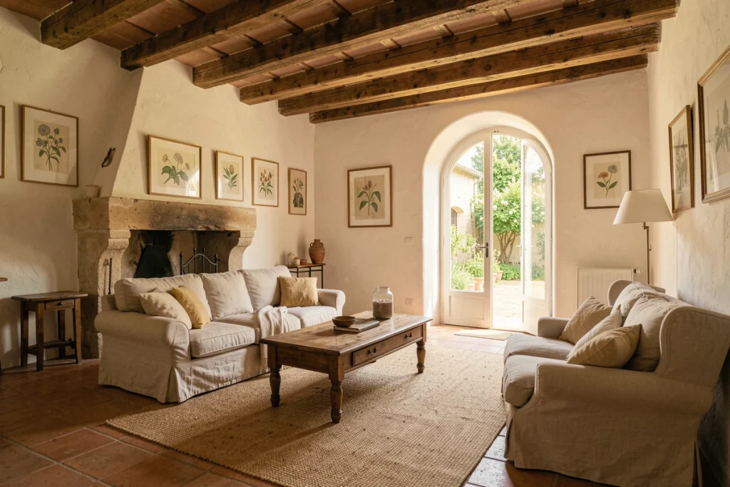 Salon intérieur d'une villa provençale avec poutres apparentes, cheminée en pierre et carrelage tomette