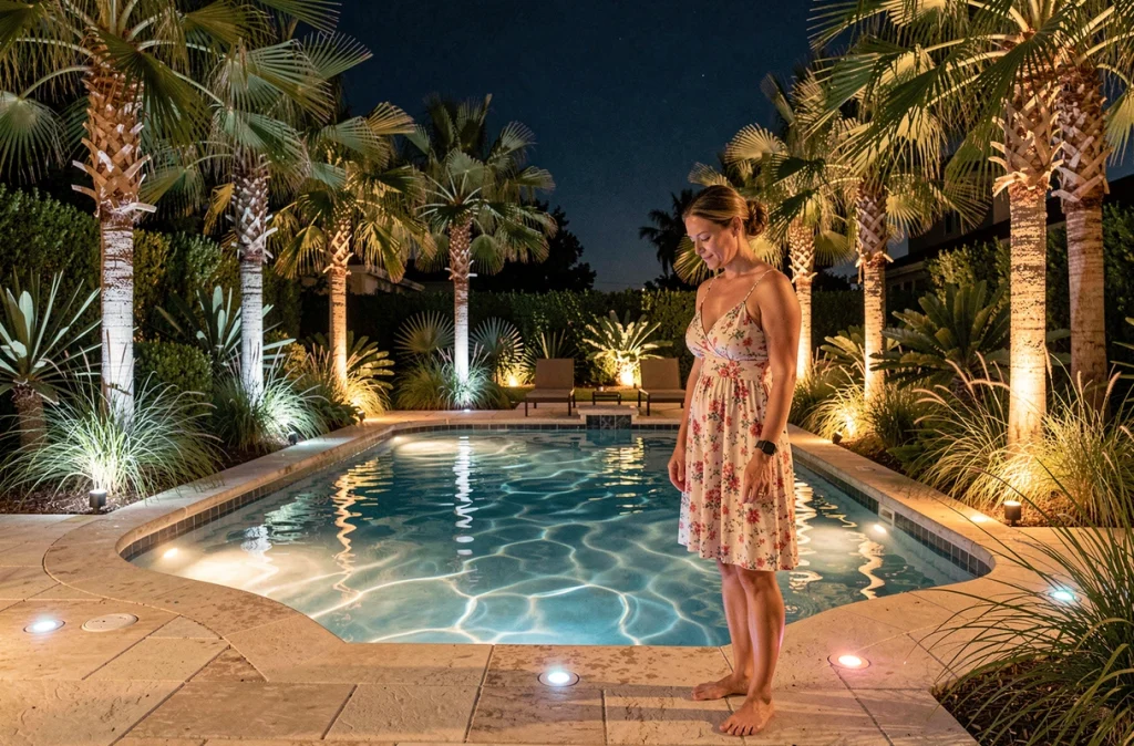 Terrasse de piscine la nuit avec spots LED RGB encastrés dans le sol et reflets colorés sur l'eau