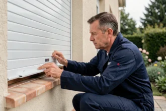Technicien en train d'inspecter un volet roulant PVC bloqué sur une maison résidentielle