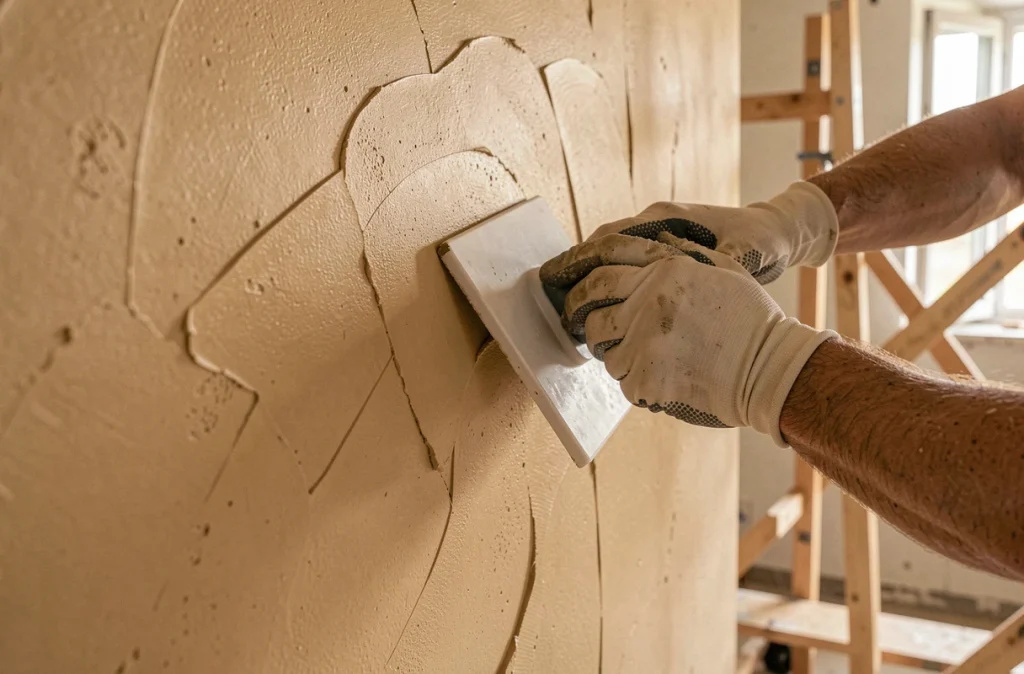 Gros plan sur les mains lissant l'enduit mural avec une taloche plastique, illustrant la technique de finition pour débutant