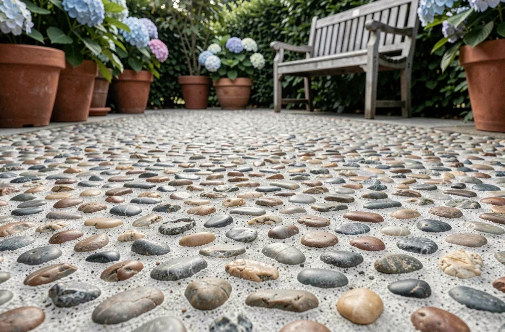 Texture détaillée d'un béton désactivé avec graviers apparents dans un jardin résidentiel
