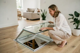 Trappe cave en verre motorisée intégrée dans un plancher en chêne clair, une femme appuyant sur le bouton de commande dans un intérieur moderne épuré