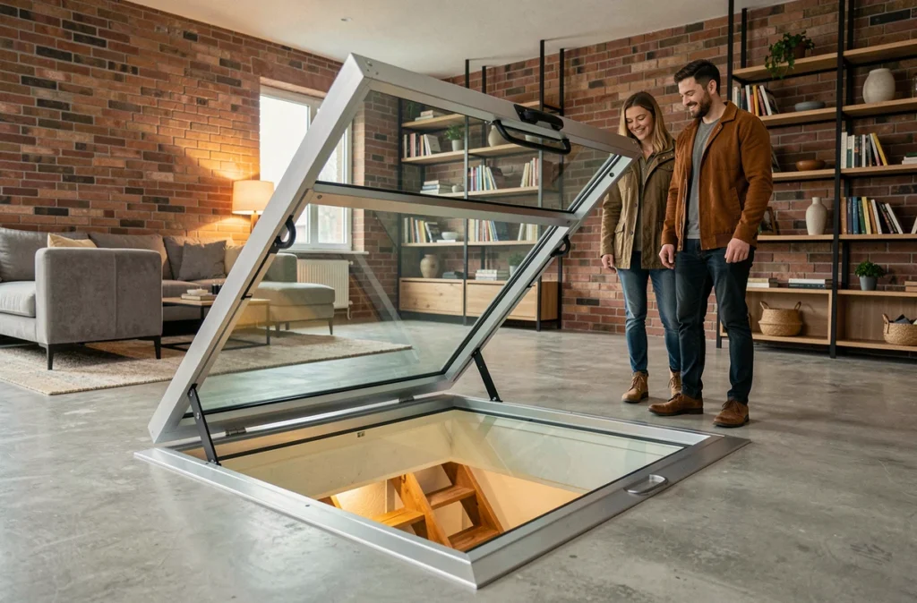 Vue grand angle d'une trappe cave en verre motorisée entièrement ouverte dans un salon contemporain, couple observant l'accès à la cave