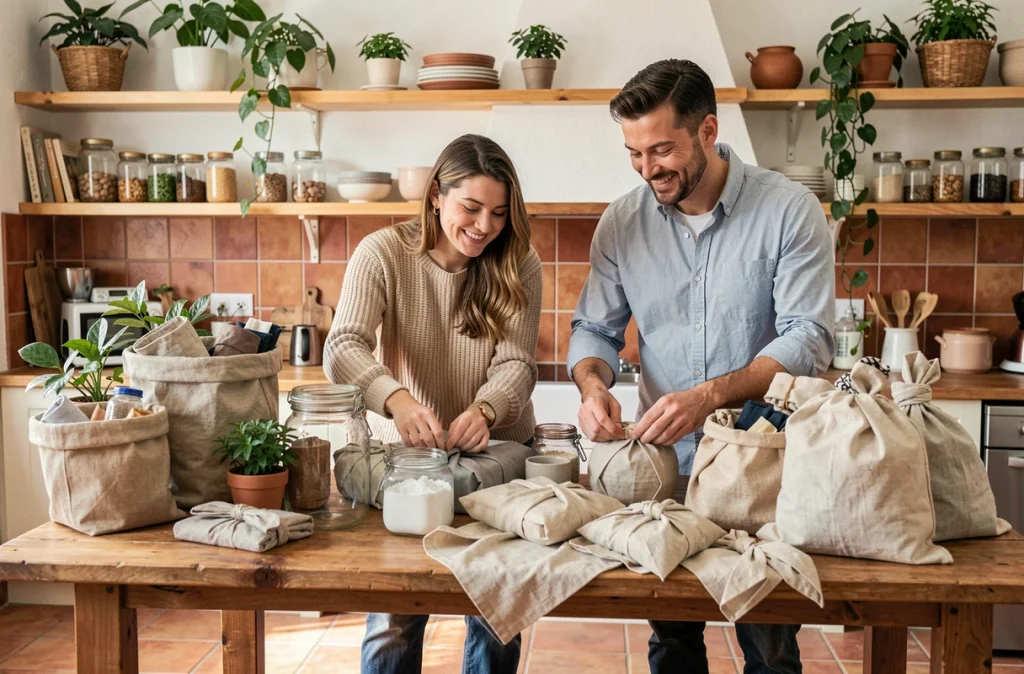 Deux amis triant leurs affaires et utilisant la technique furoshiki pour emballer sans plastique avant un déménagement durable