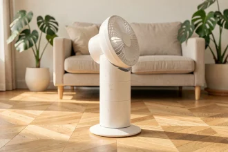 Ventilateur colonne blanc VALBERG posé sur un parquet en chêne dans un salon contemporain lumineux