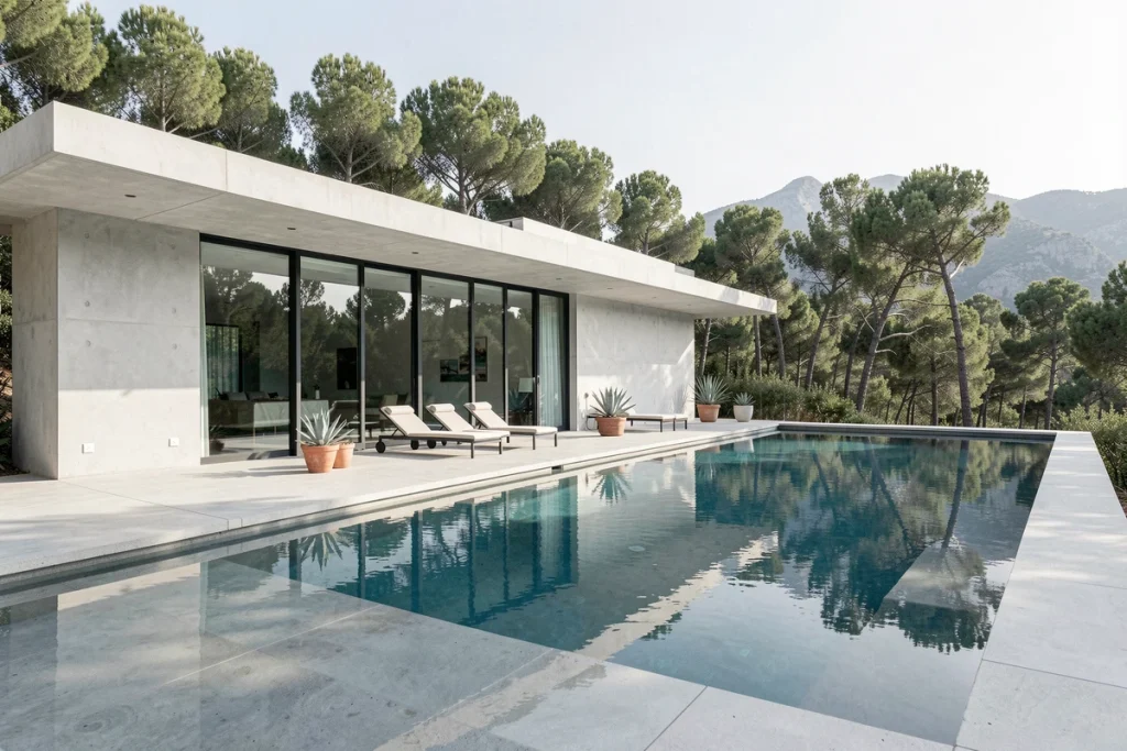 Villa contemporaine minimaliste avec piscine à débordement et terrasse en béton poli