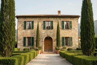 Villa méditerranéenne à facade en pierre avec toiture en tuiles terracotta et jardin paysagé