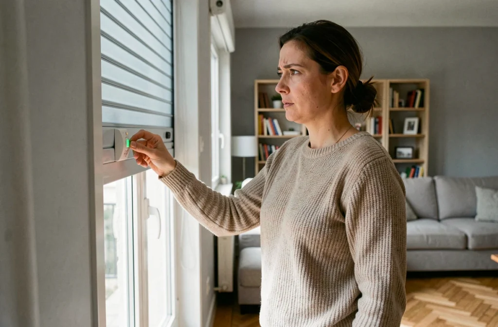 Femme appuyant sur le bouton mural d'un volet roulant bloqué dans un appartement moderne