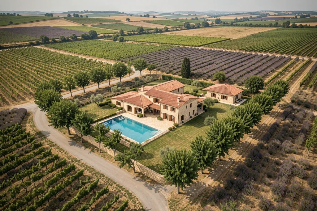 Vue aérienne d'une villa de campagne entourée de vignes et champs de lavande avec allée d'arbres