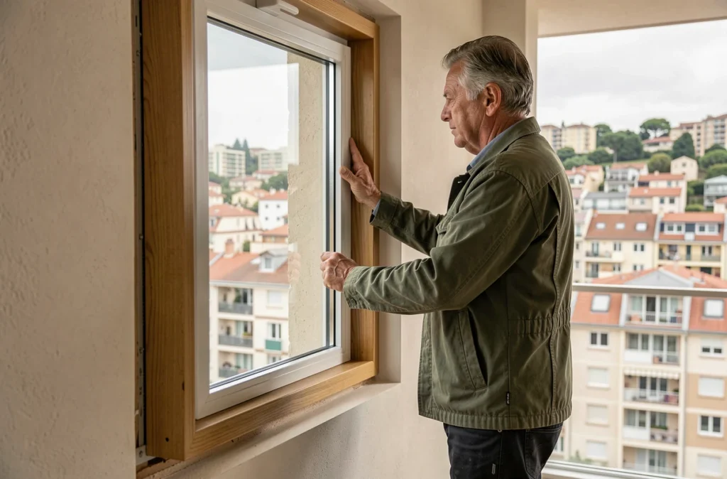 Spécialiste posant une fenêtre mixte bois-aluminium dans une maison contemporaine près de Lyon