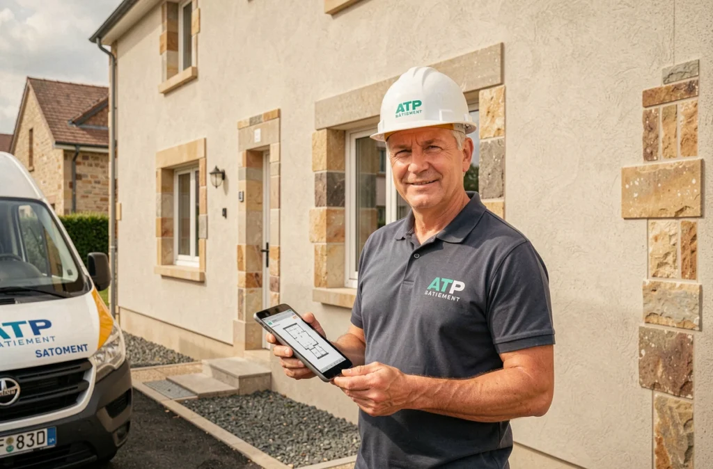 Chef de chantier d'ATP Bâtiment devant une maison neuve en pierre et enduit achevée dans une rue résidentielle des Yvelines, tenant une tablette
