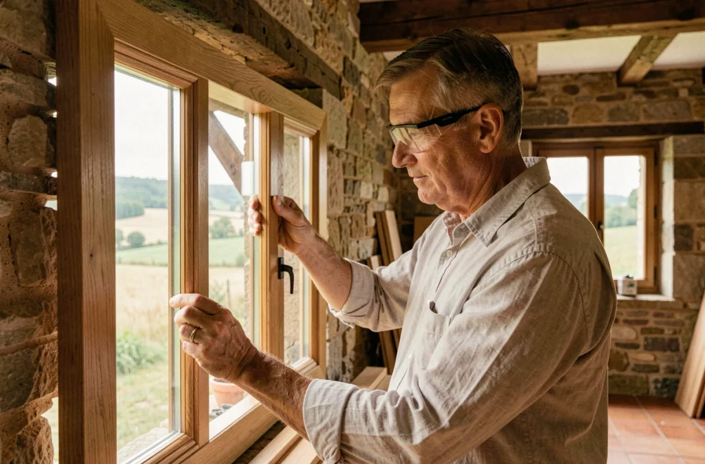 Maître artisan inspectant un cadre de fenêtre en chêne massif haut de gamme dans une ferme rénovée en Auvergne