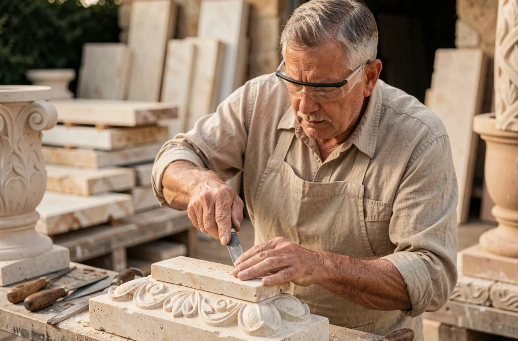 Artisan tailleur de pierre de Bello La Maison de Pierre sculptant un bloc de calcaire décoratif dans un atelier extérieur