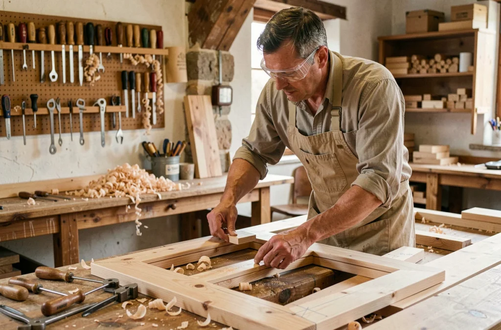 Artisan menuisier assemblant un cadre de fenêtre sur mesure dans un atelier de menuiserie en Auvergne