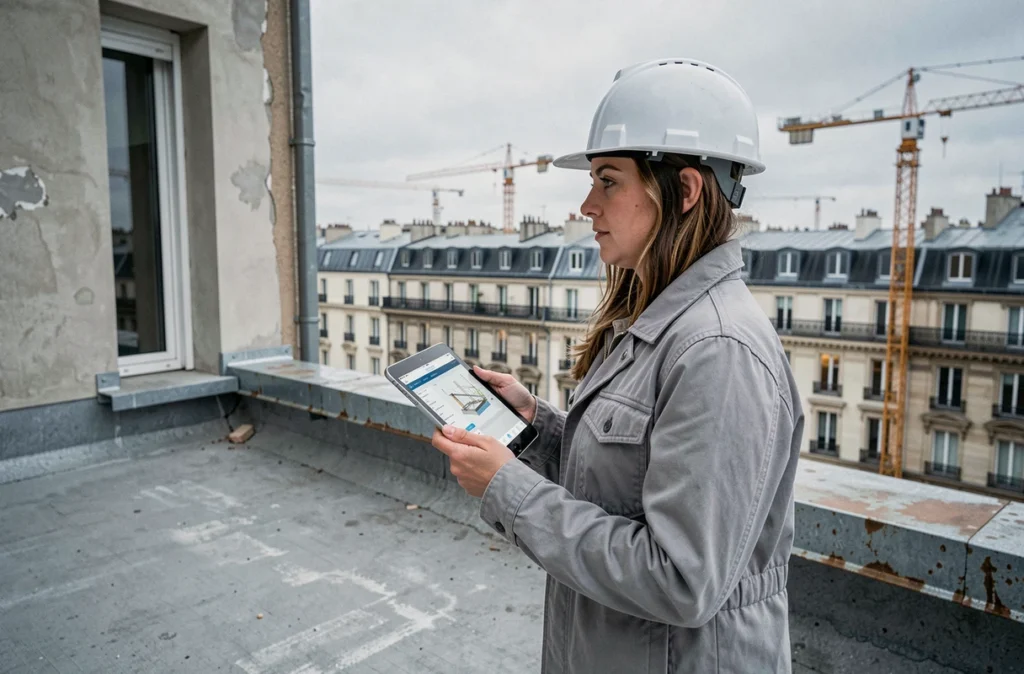 Cheffe de projet en chantier sur une terrasse parisienne avec une tablette de gestion des travaux de rénovation