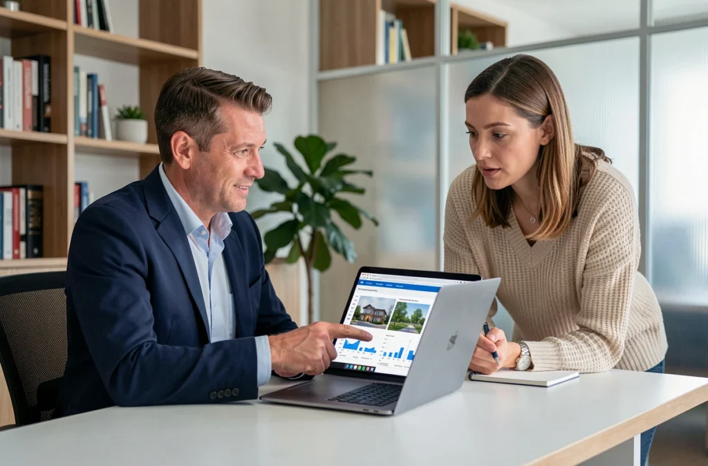 Conseiller immobilier et cliente analysant un projet sur ordinateur dans un bureau professionnel moderne
