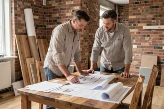 Couple examinant des plans de rénovation immobilière sur une table en bois dans un appartement en cours de travaux