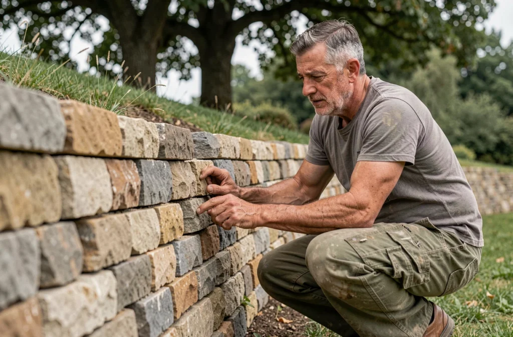Maçon de l'Entreprise Ferreira inspectant la qualité des joints d'un mur de soutènement en pierre naturelle sur un terrain en pente