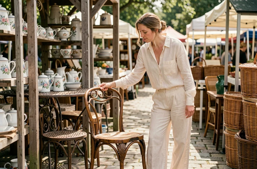 Femme parcourant un marché brocante en plein air, examinant une chaise ancienne parmi des meubles et objets vintages