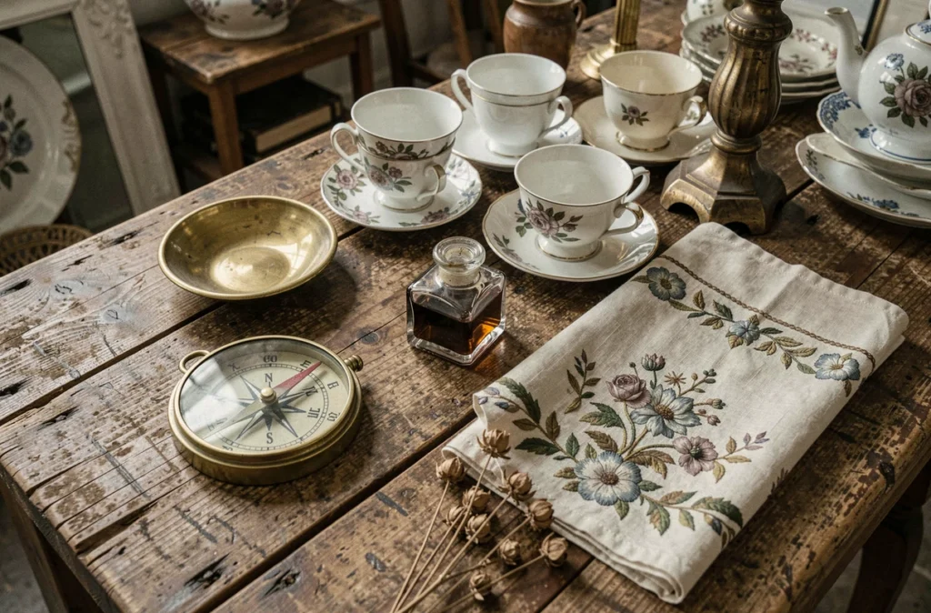 Flat lay d'objets de brocante anciens sur une table en bois usé, tasses en porcelaine, laiton et linge brodé