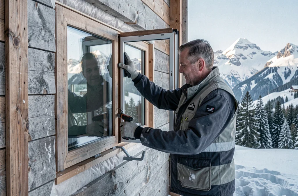 Technicien installant une fenêtre triple vitrage haute performance thermique dans un chalet alpin en Savoie