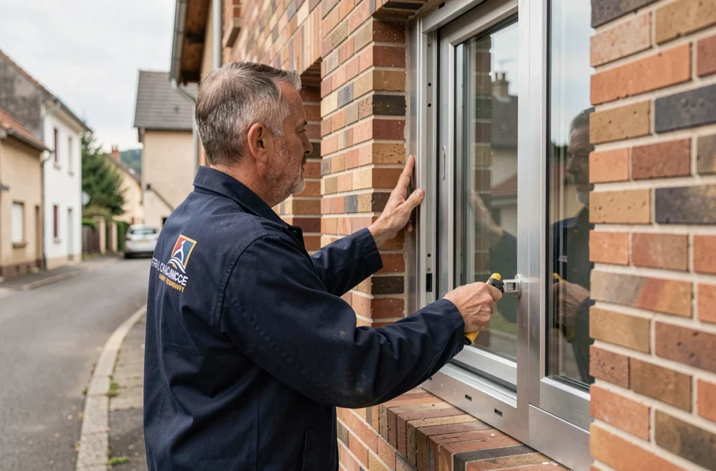 Poseur Komilfo installant un système de fermeture fenêtre et porte sur une maison de banlieue en Auvergne-Rhône-Alpes