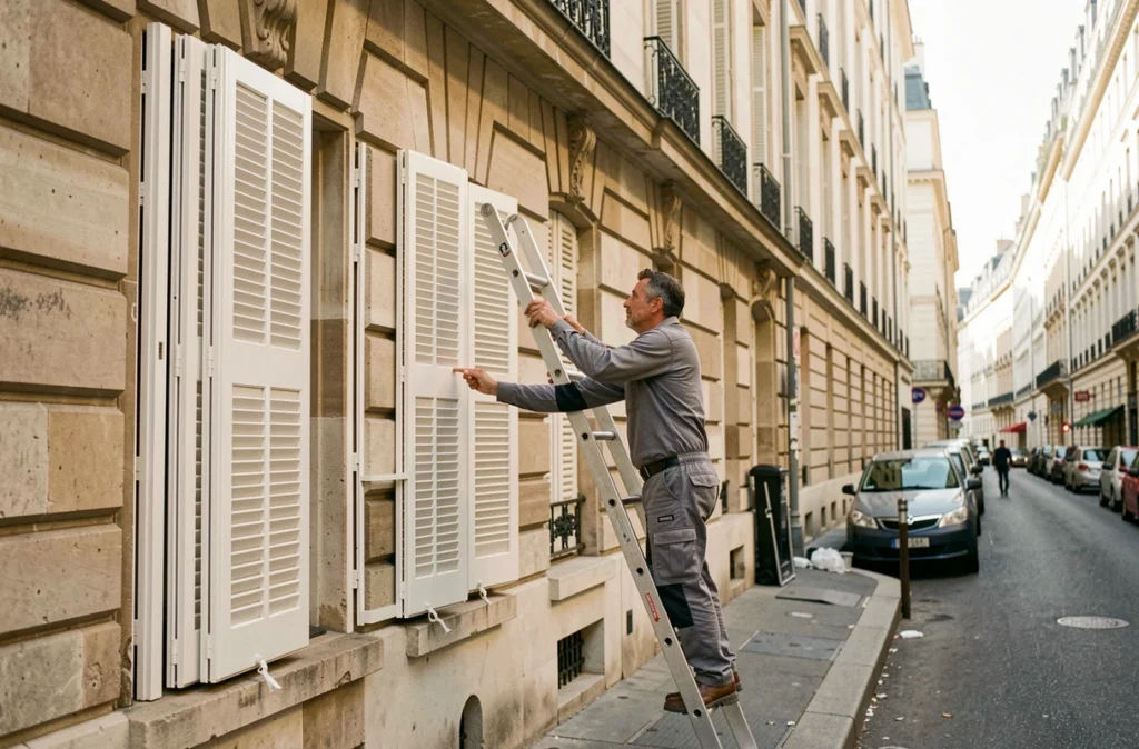 Deux installateurs posant des volets PVC blancs sur la façade d'une maison de ville lyonnaise