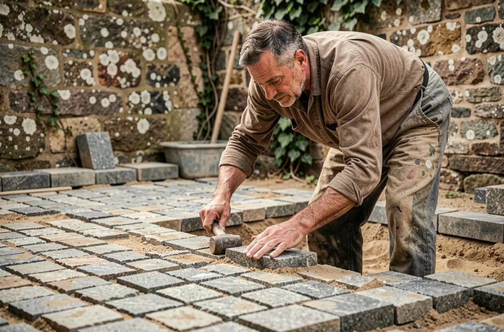 Artisan de Maçonnerie Alves posant des pavés en granit taillés à la main dans une cour traditionnelle en pierre entourée de vieux murs