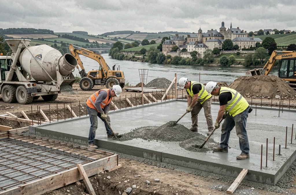 Équipe de Maçonnerie Générale du Val de Seine coulant une dalle de fondation en béton avec le paysage de la vallée en arrière-plan
