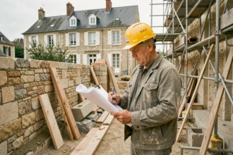 Un maçon expérimenté examine des plans sur un chantier de construction résidentiel dans les Yvelines, entouré d'échafaudages et de murs en pierre