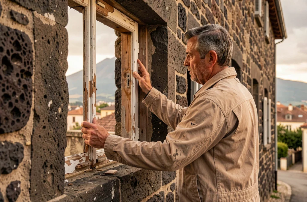 Spécialiste retirant un ancien cadre de fenêtre en bois d'un bâtiment historique en pierre volcanique à Clermont-Ferrand