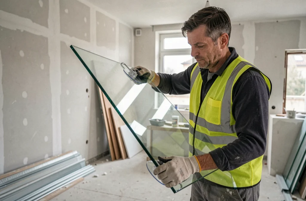 Miroitier portant une grande vitre avec des ventouses lors d'une rénovation de fenêtres à Saint-Étienne