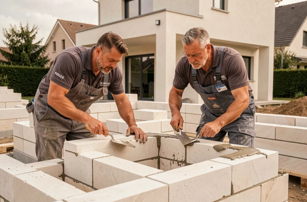Équipe de maçons de New Bat Saint Germain posant des blocs de calcaire blanc sur un chantier résidentiel en Île-de-France